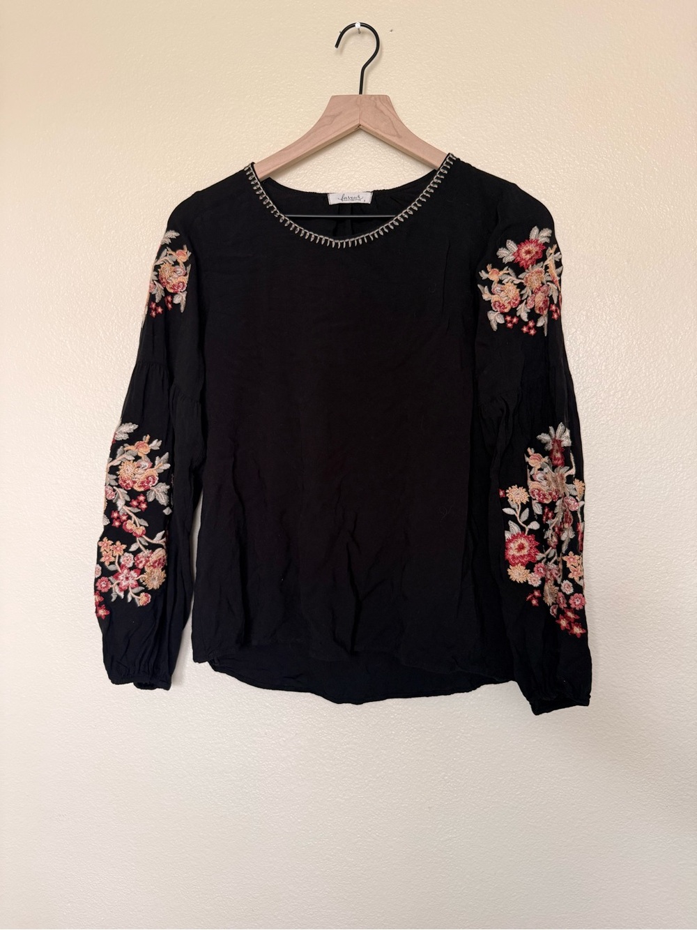 Boho Embroidered Black Long-Sleeve Women's Top
